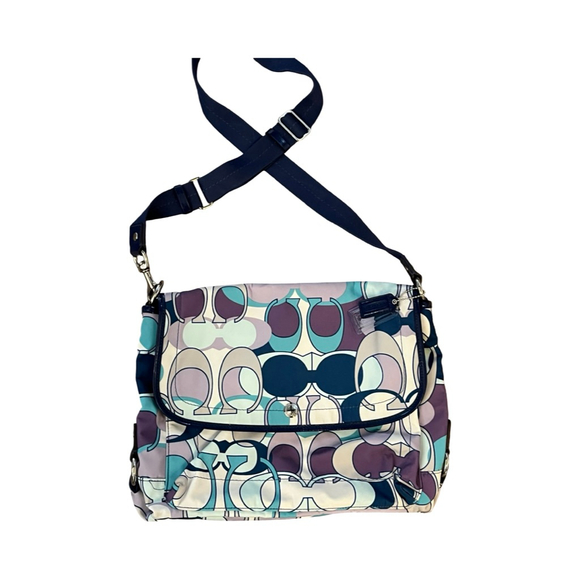 EUC Coach Kyra Daisy Scarf Signature Nylon Crossbody Messenger Blue Purple/COA - Picture 9 of 11